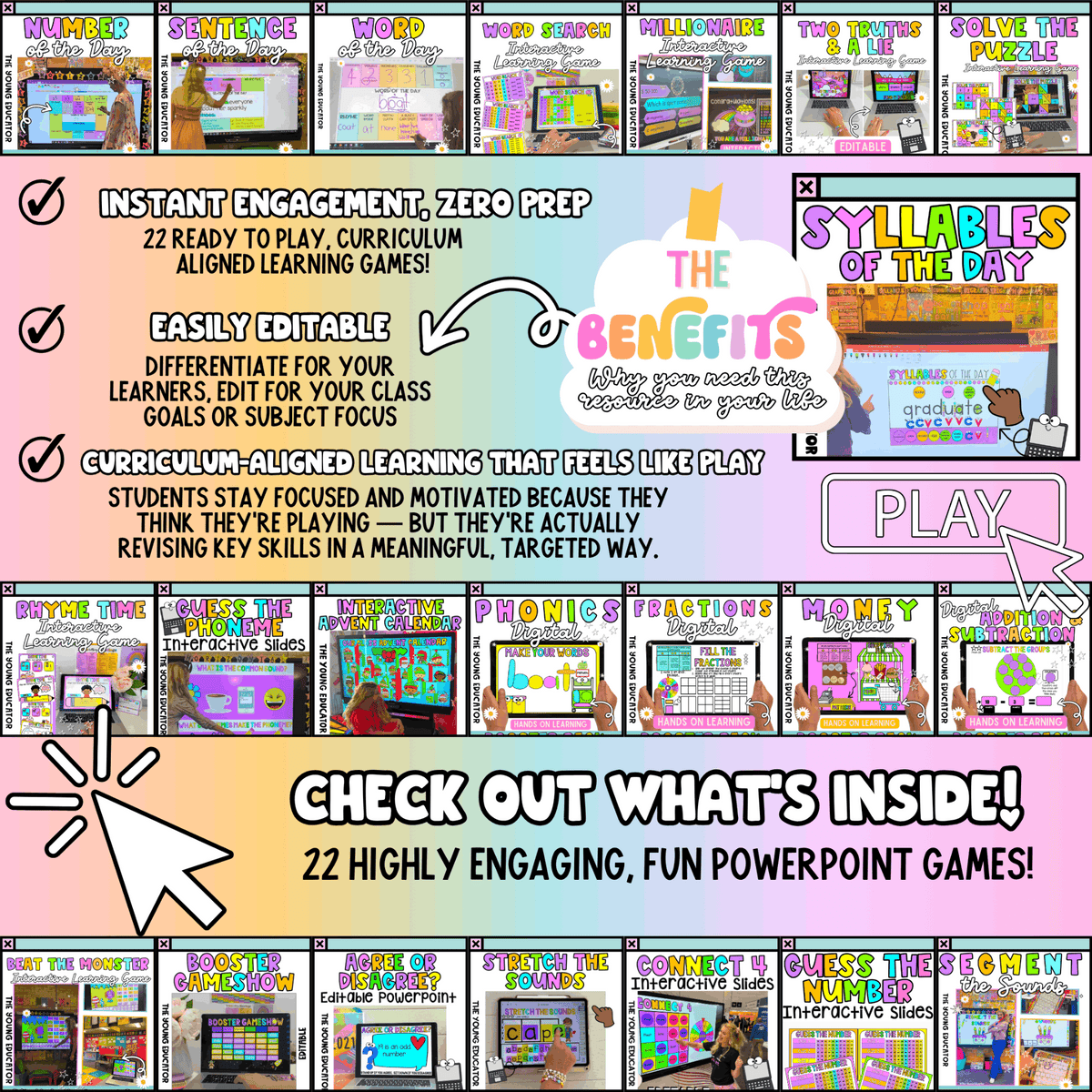 Interactive PowerPoint games bundle preview — editable K–6 classroom review games.