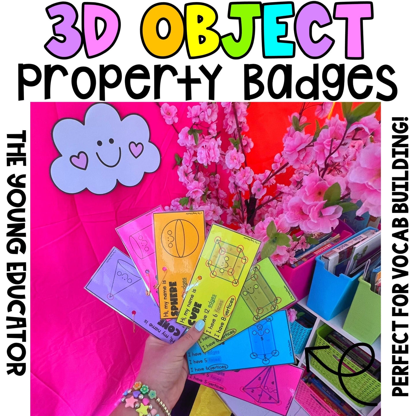 Printable 3D shape properties badges for classroom use, featuring visual and text-based references.