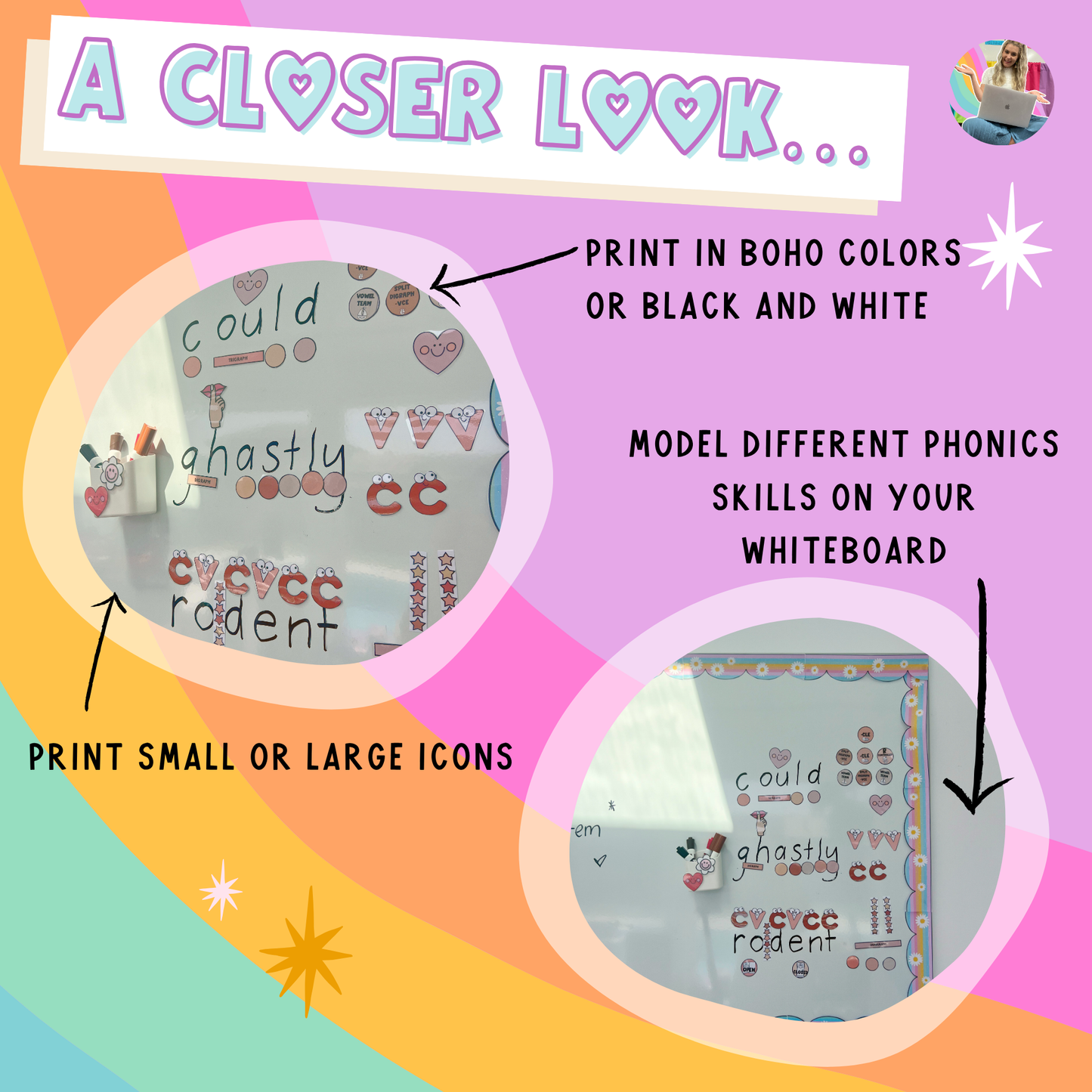 PHONICS WHITEBOARD VISUALS - Science of Reading Aligned! Consonant Vowel Phoneme | Boho Classroom