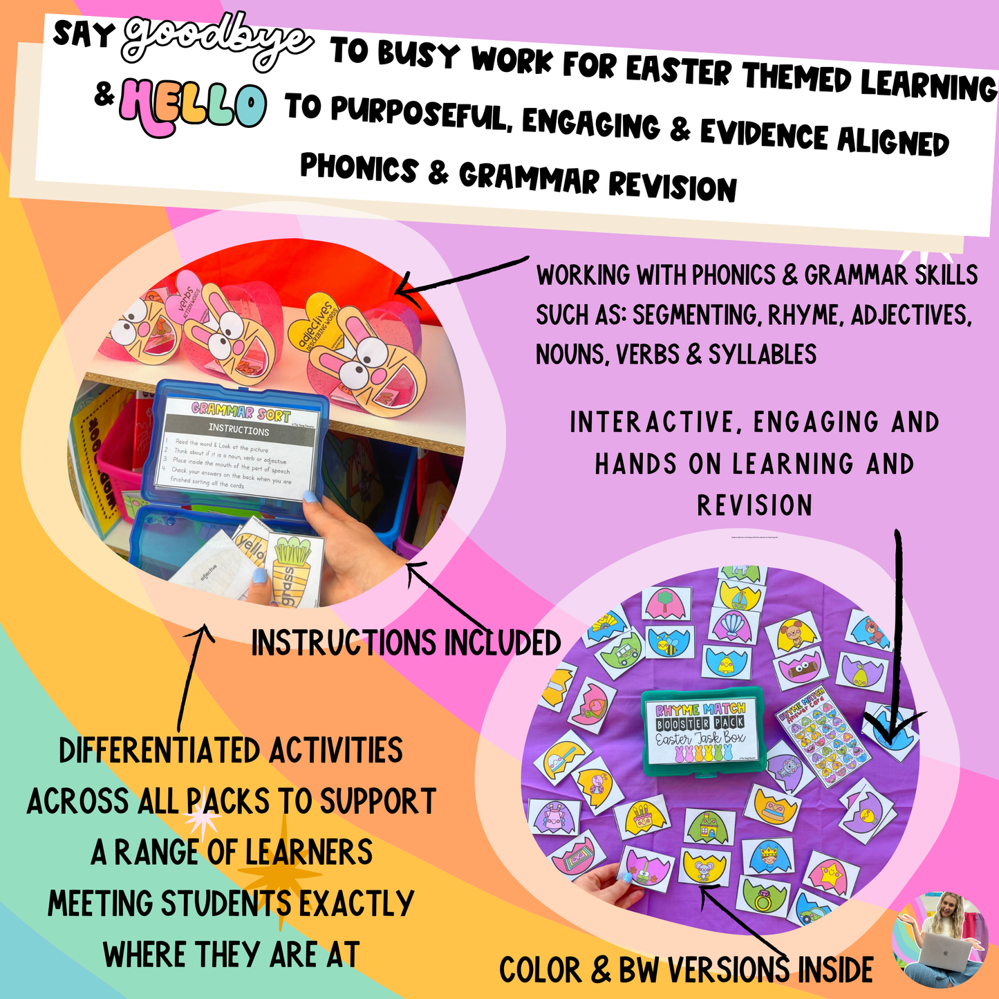 Easter Phonics and Grammar Booster Pack - Science of Reading - Task Cards - Task Box