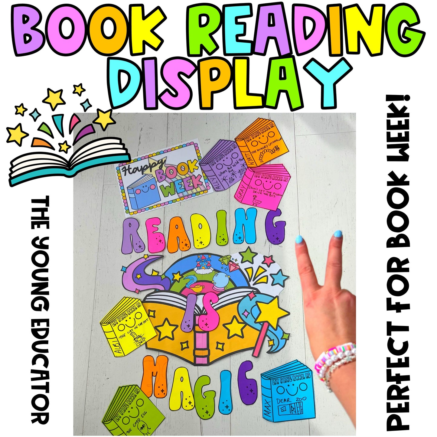 Creative book reading display ideas for classrooms with themed posters and bunting.