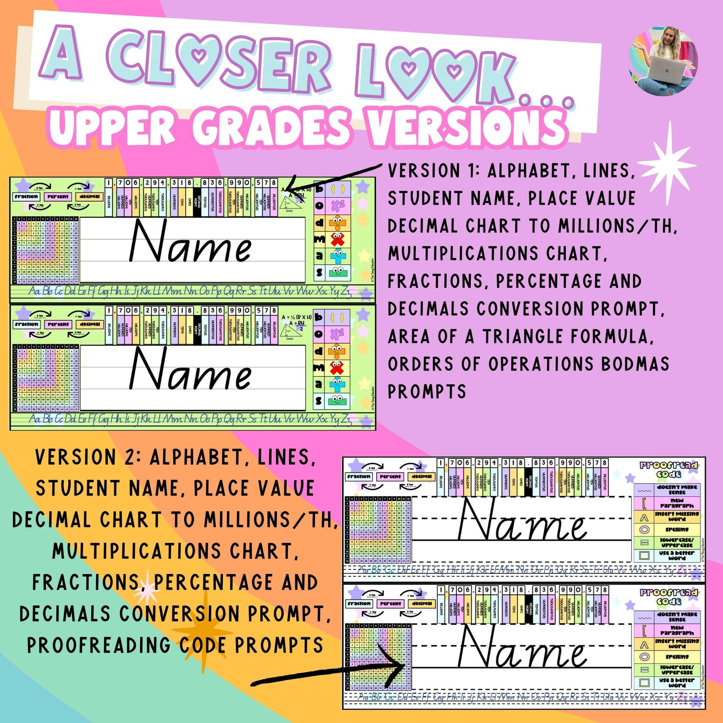 Editable desk name tags for classroom use with pastel, ink-friendly, and black-and-white versions.