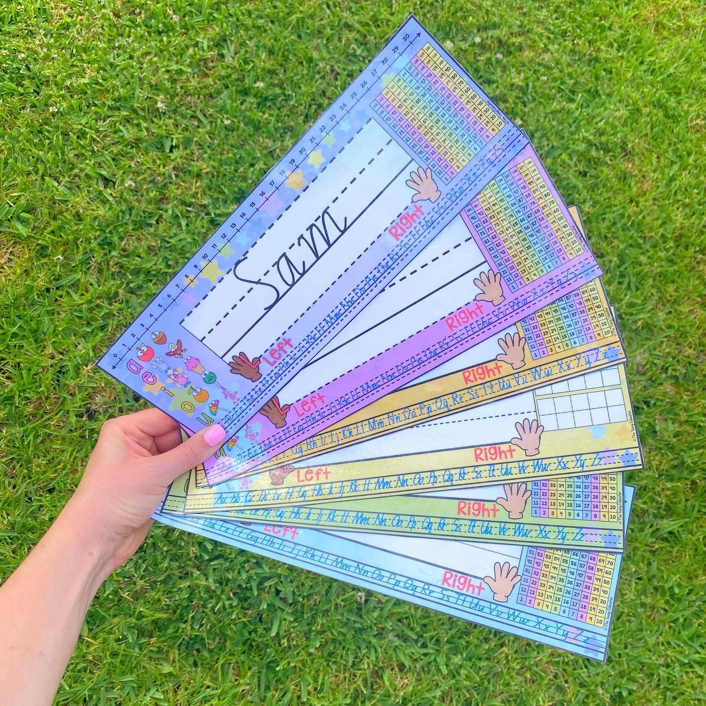 Editable name tags for students featuring full-color, reduced-color, and black-and-white versions.