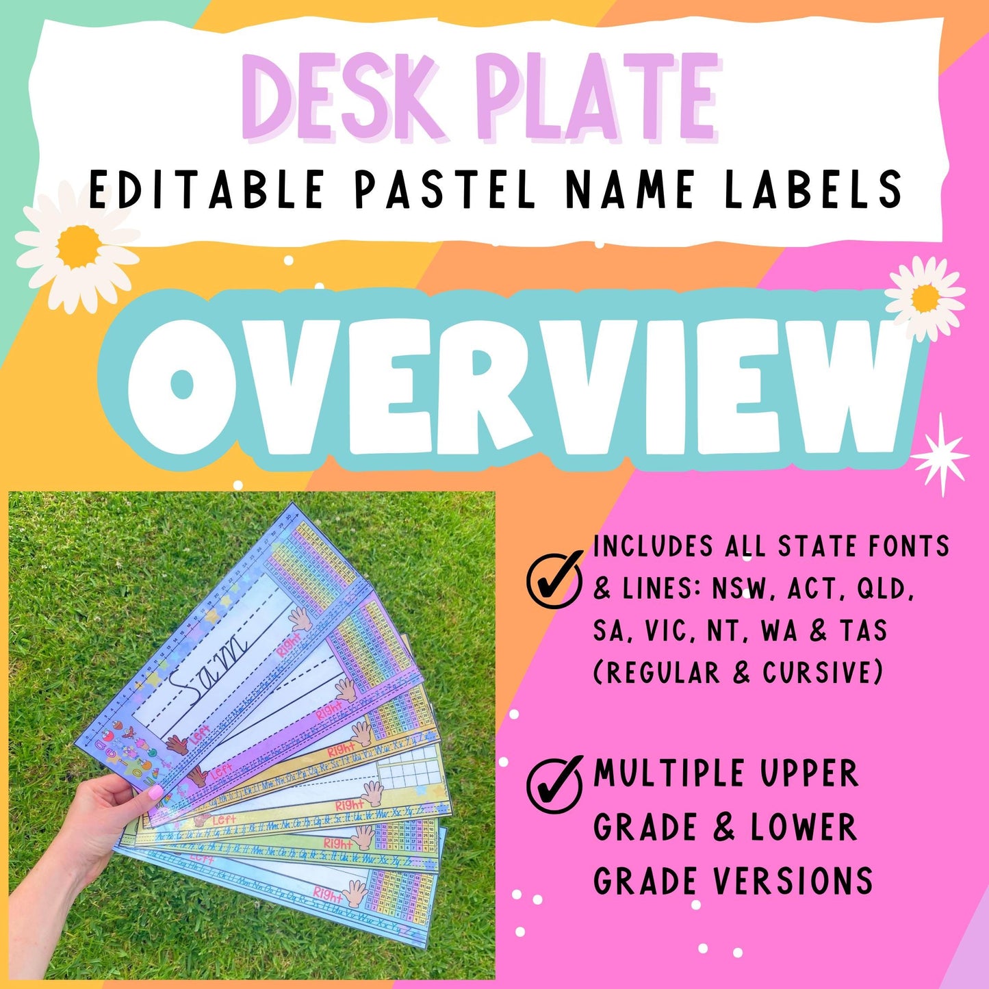 Editable student desk name tags with pastel rainbow colors and customizable fonts.