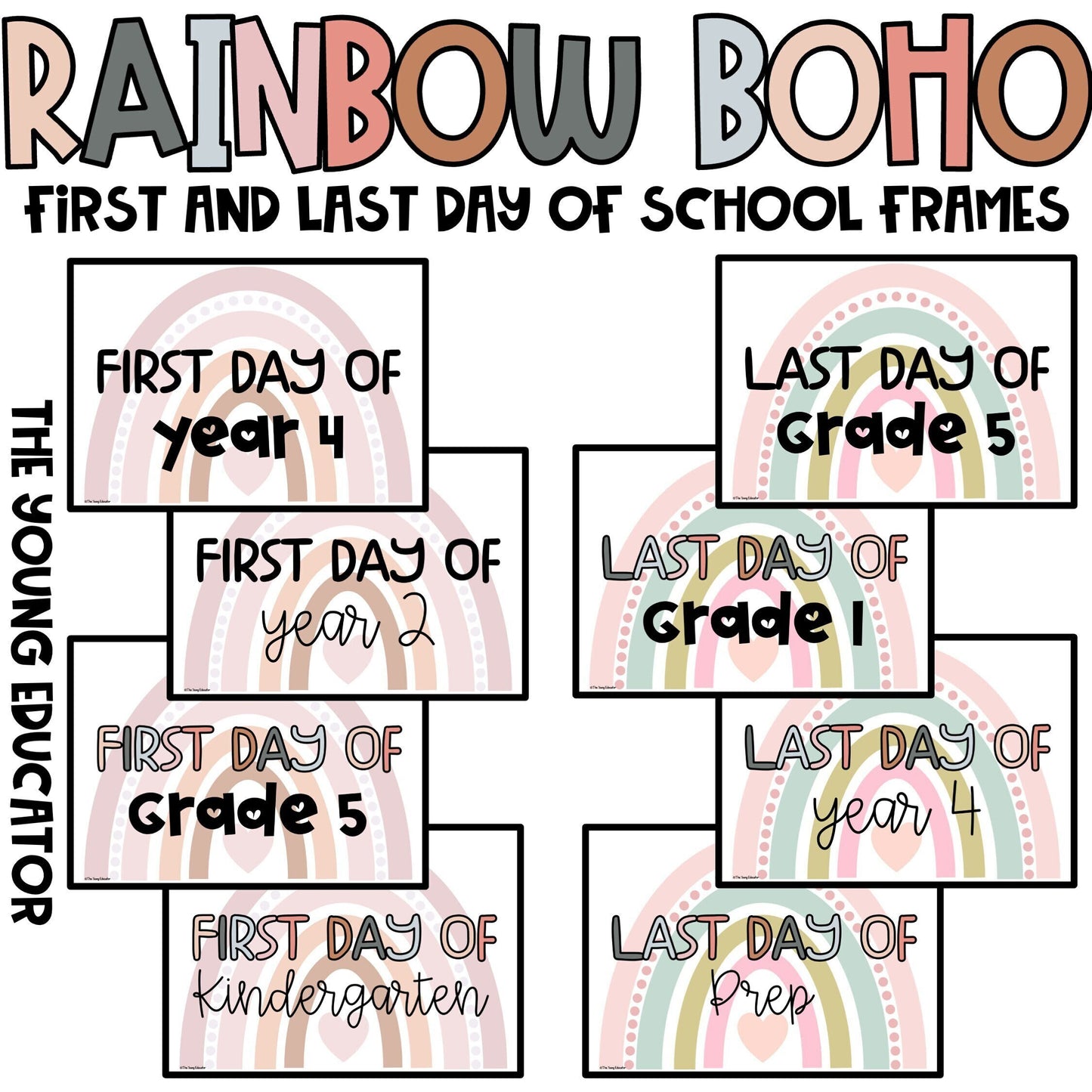 First day of school photo frame with Boho Rainbow theme for back-to-school pictures.