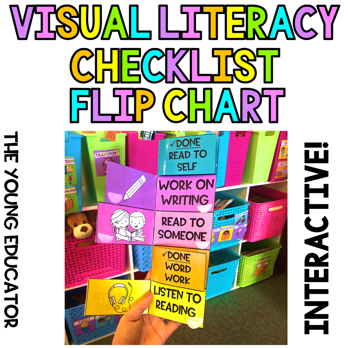 Flip charts for literacy with interactive visual literacy checklist for students.