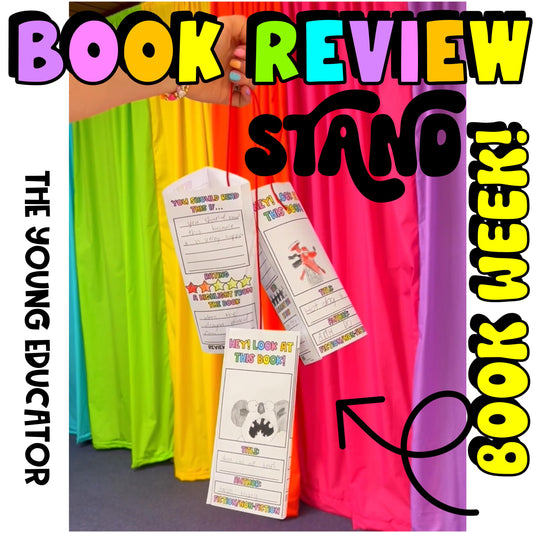 Interactive Book Week activities featuring a creative book review report stand for students.