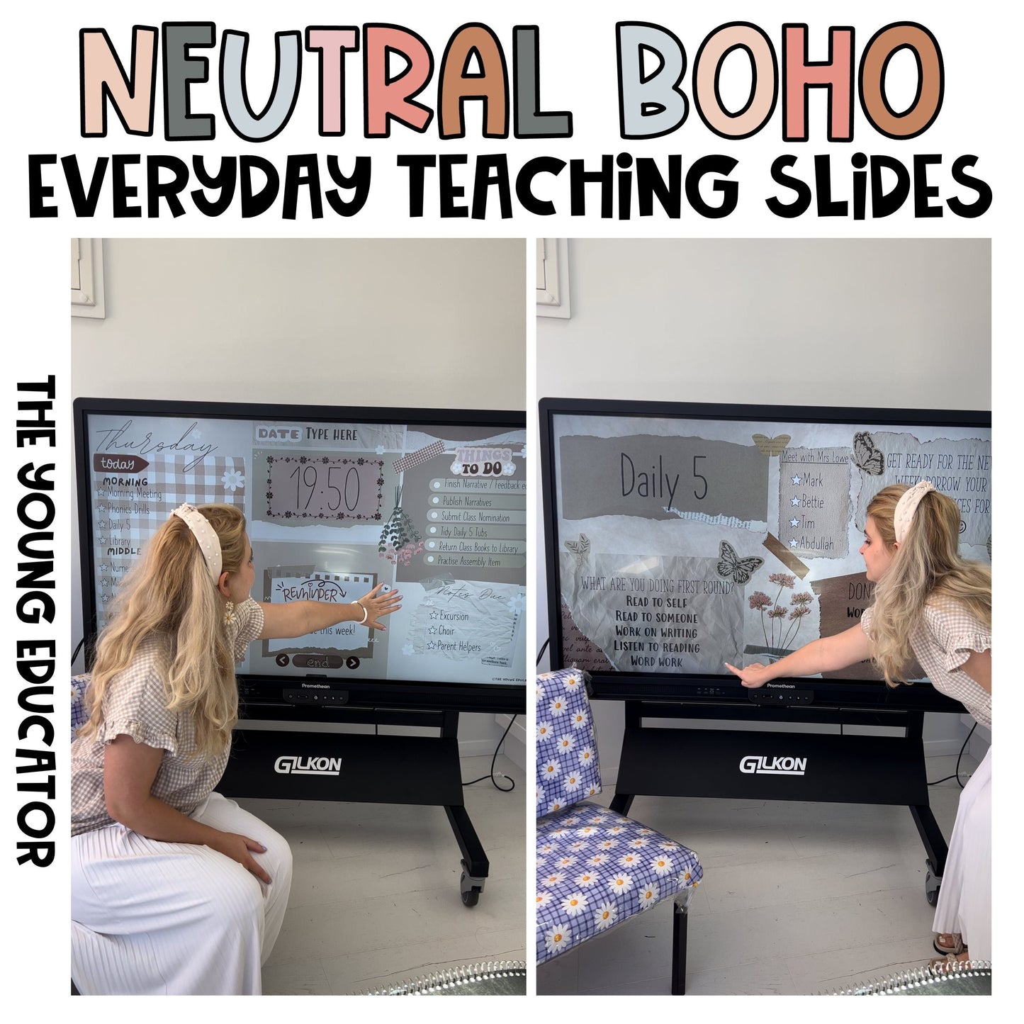 Editable PowerPoint templates for teachers with boho rainbow theme for daily classroom slides.