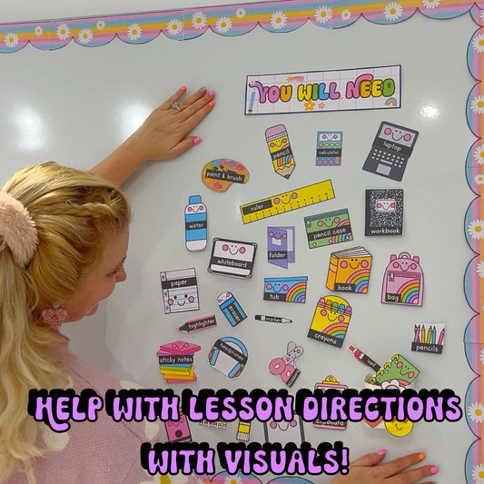 Printable classroom labels with pictures featuring student supply organization cards.