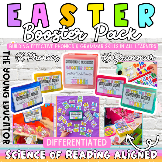 Easter Phonics and Grammar Booster Pack - Science of Reading - Task Cards - Task Box