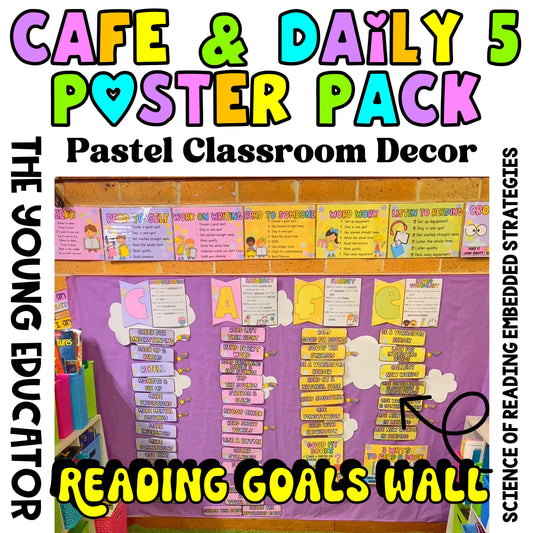 Reading poster for classroom featuring CAFE reading strategies and Daily 5 goal display.