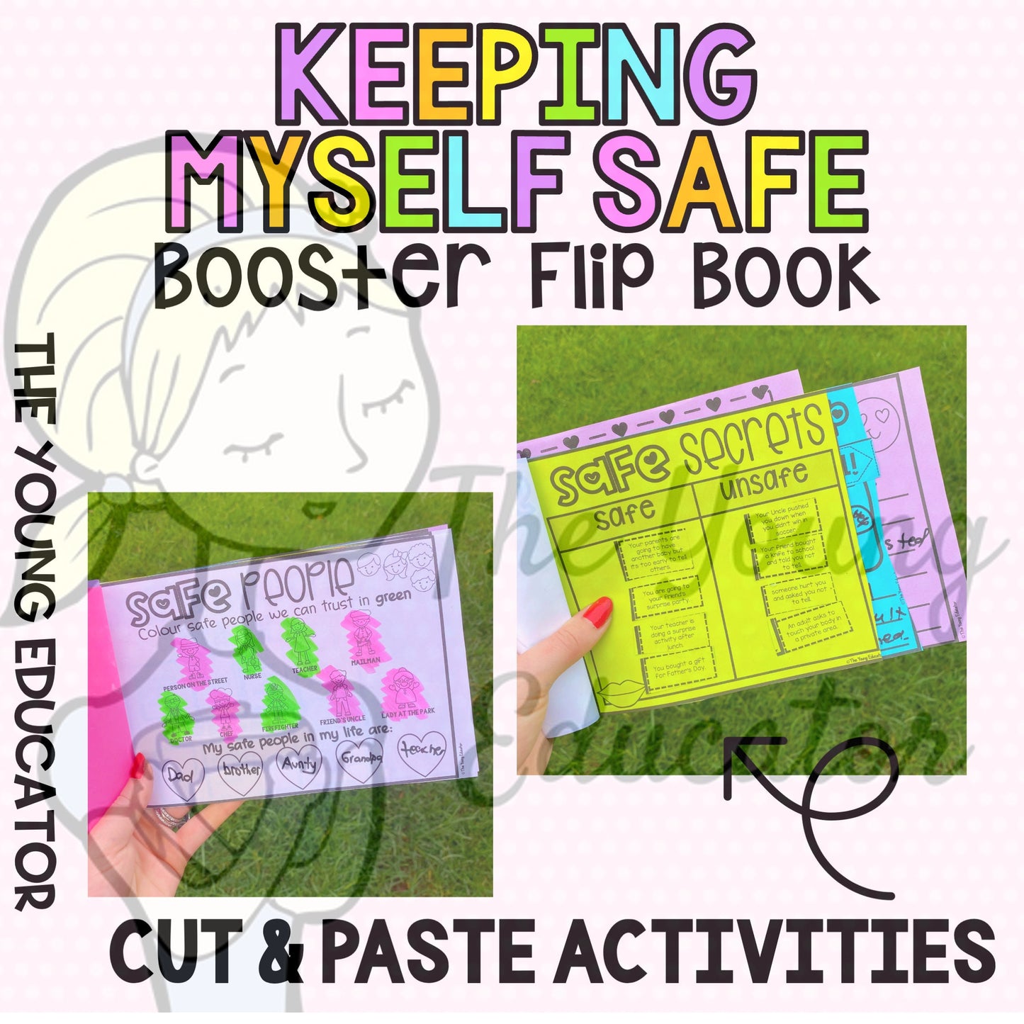 Safety flip book for kids with interactive activities on child protection and stranger danger.