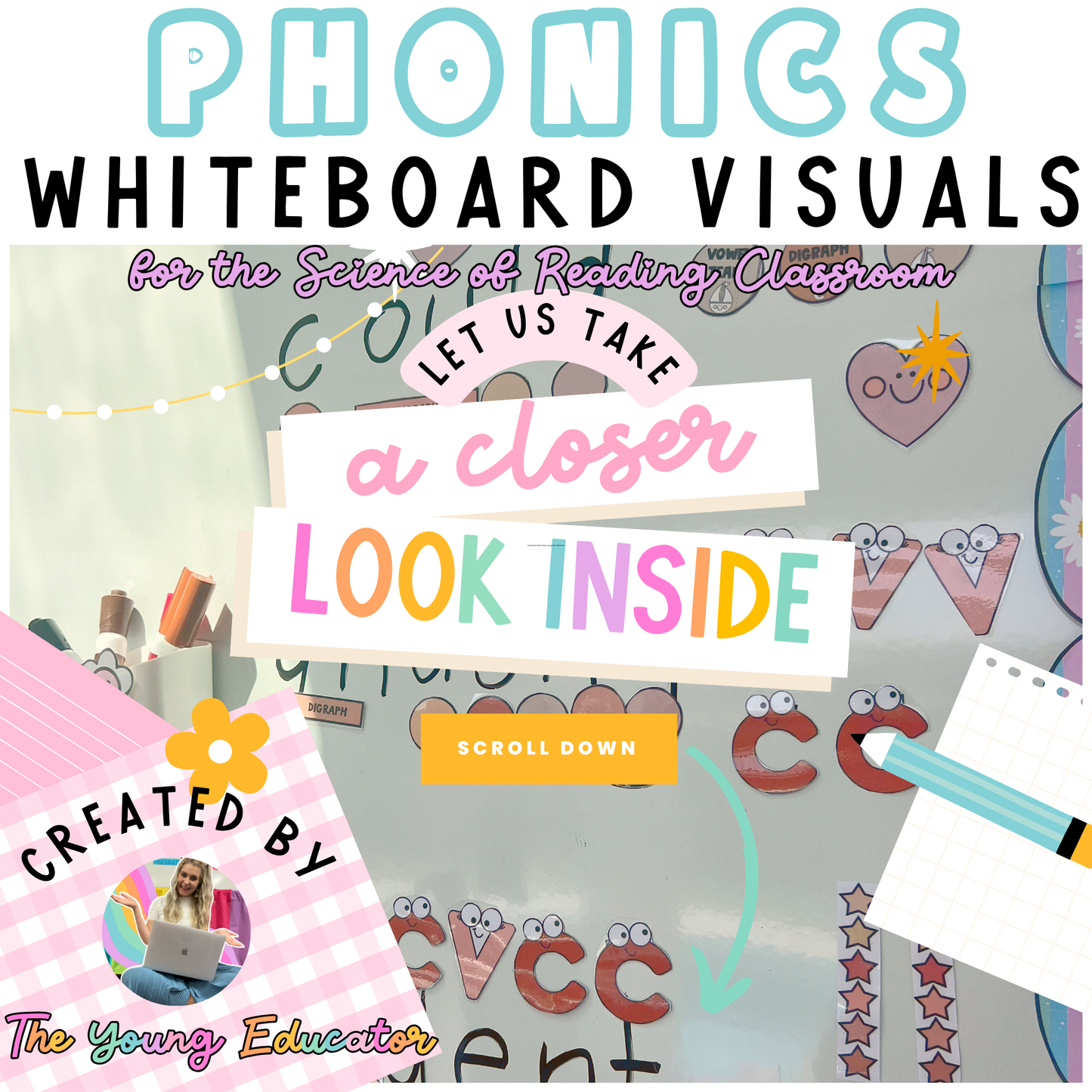 PHONICS WHITEBOARD VISUALS - Science of Reading Aligned! Consonant Vowel Phoneme | Boho Classroom