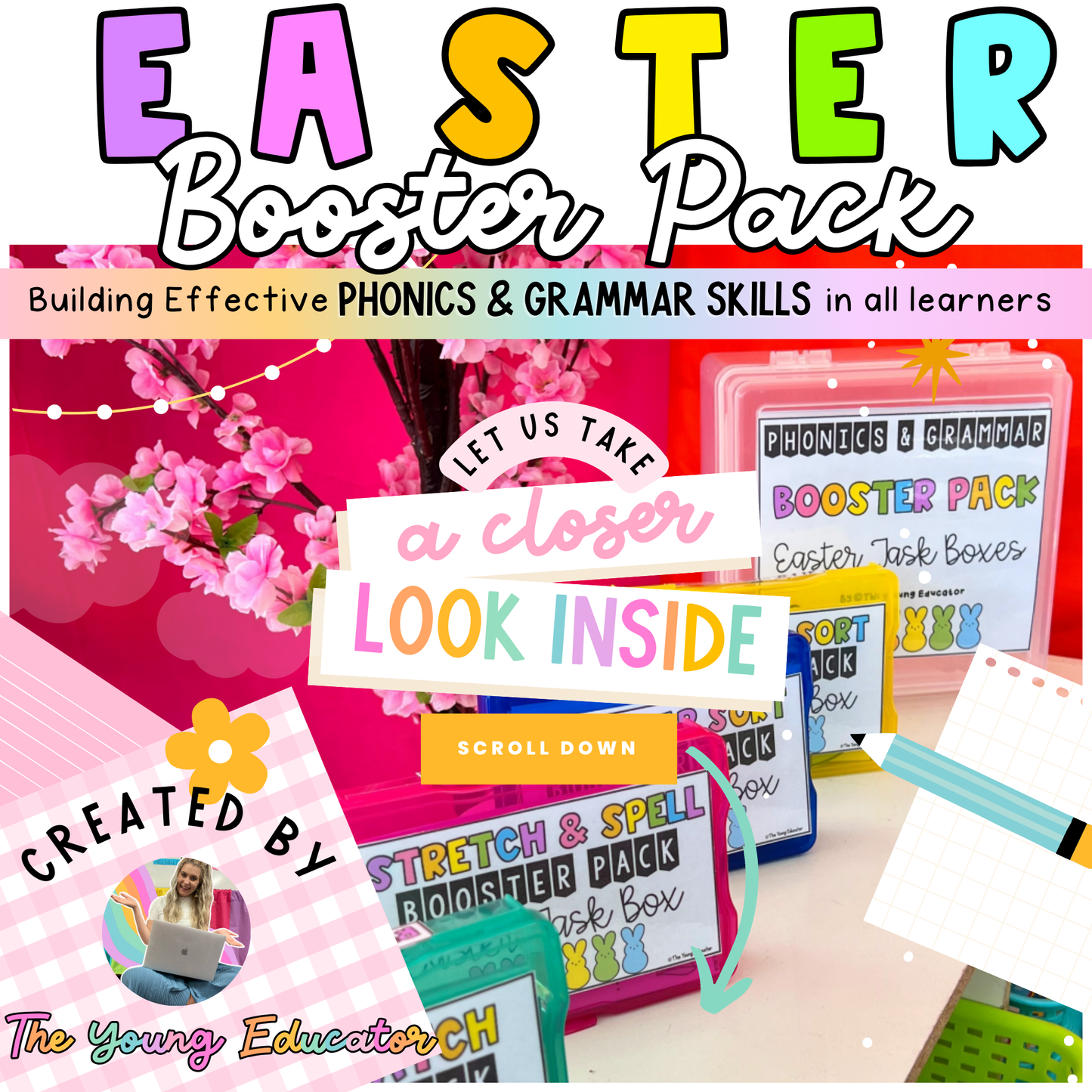 Easter Phonics and Grammar Booster Pack - Science of Reading - Task Cards - Task Box