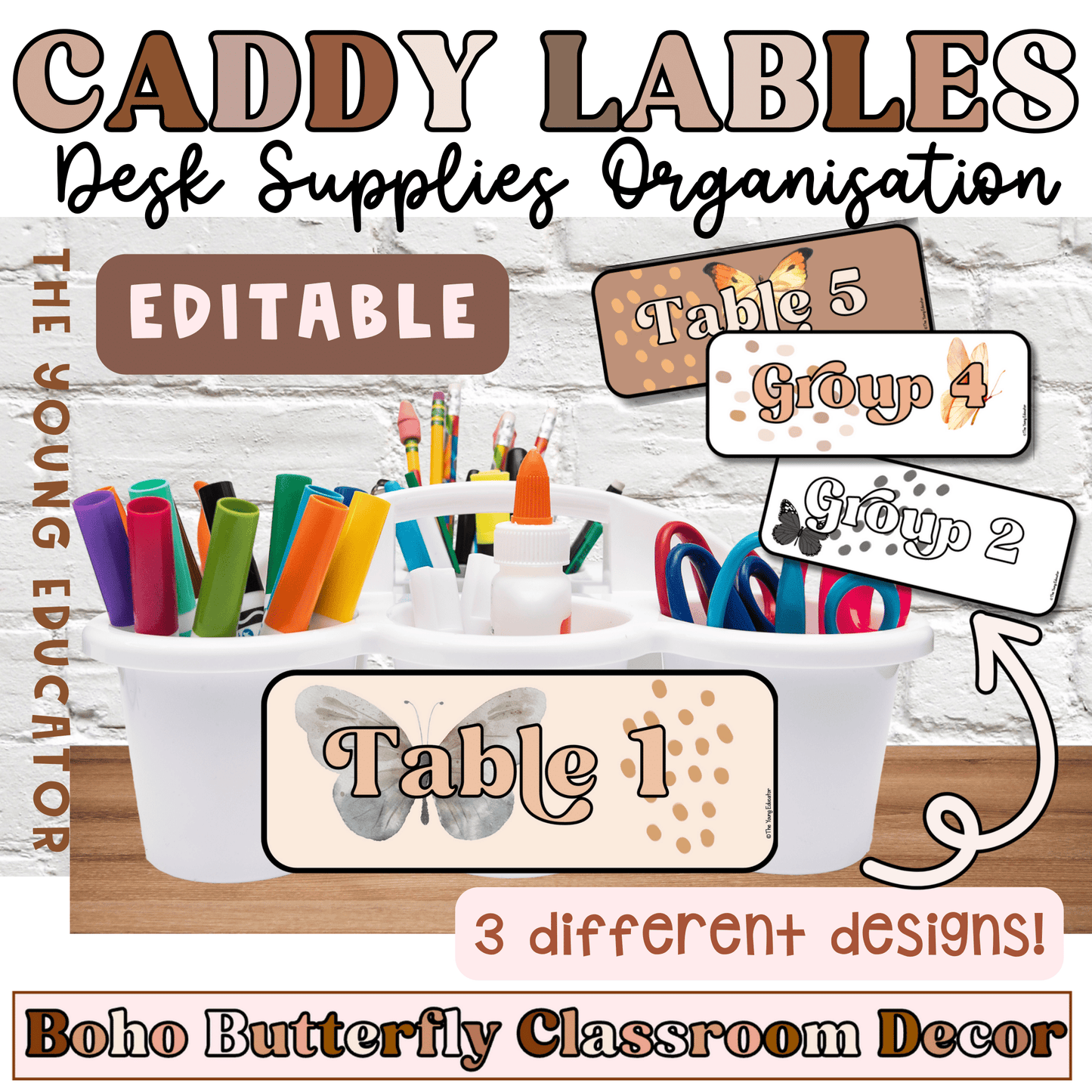 Table caddy labels with an editable design for classroom desk organizers and supplies.