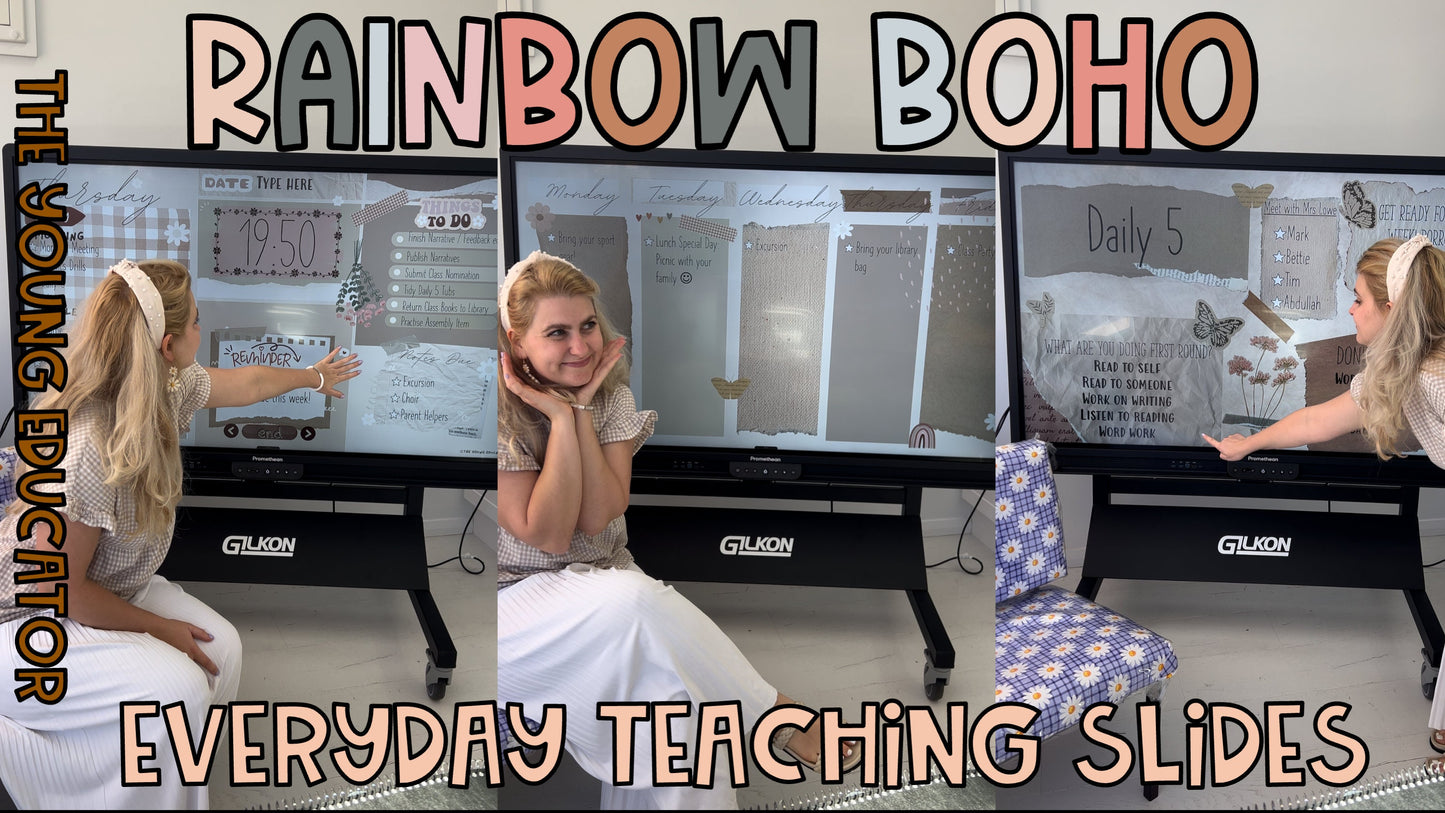 Customizable teacher presentation templates for daily lesson slides and classroom organization.