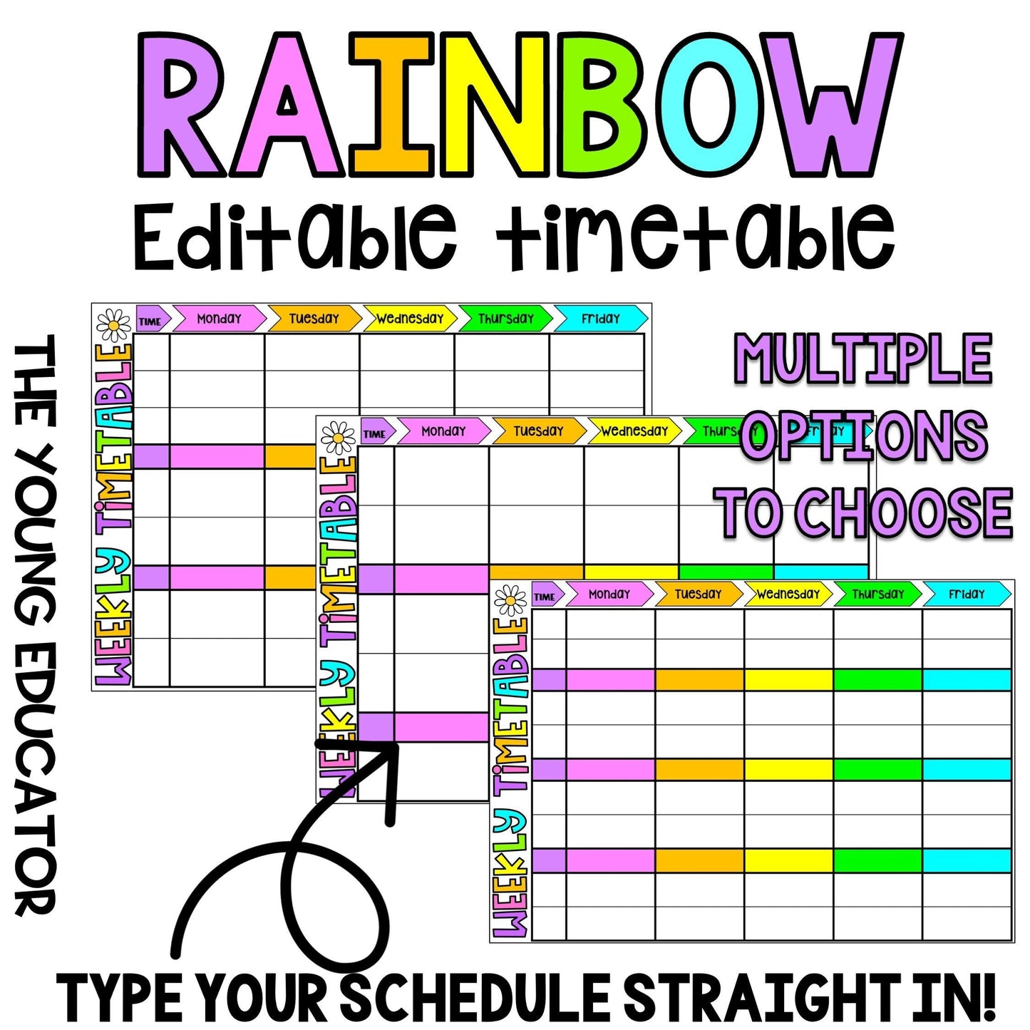 Teacher timetable template with a rainbow theme, editable for weekly lesson planning.