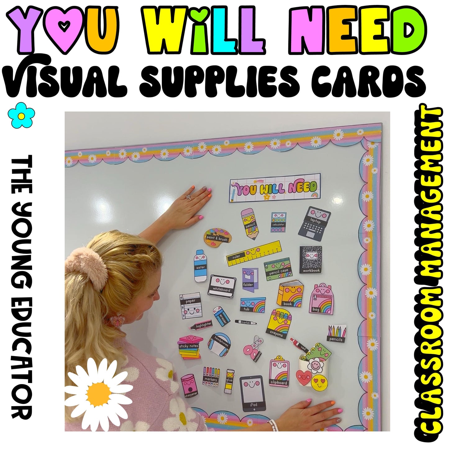 Visual labels for classroom organization with student-friendly supply name cards.