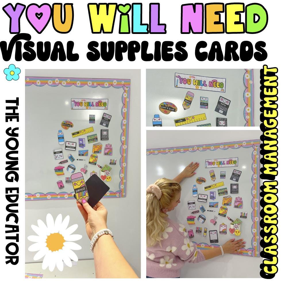 Visual supplies classroom labels printable set with colorful and black-and-white versions.