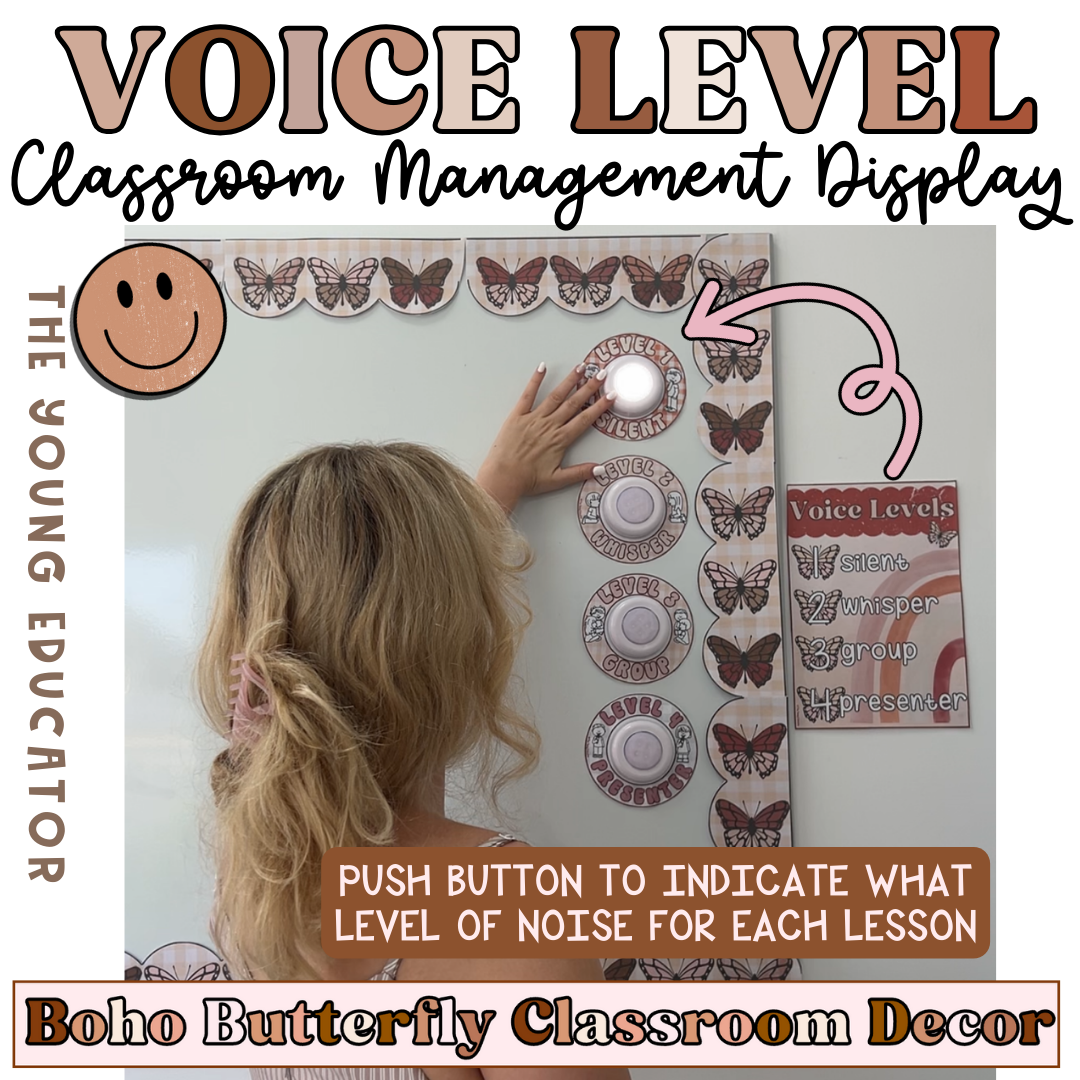 Voice level poster with classroom voice level chart in a Boho Butterfly theme.