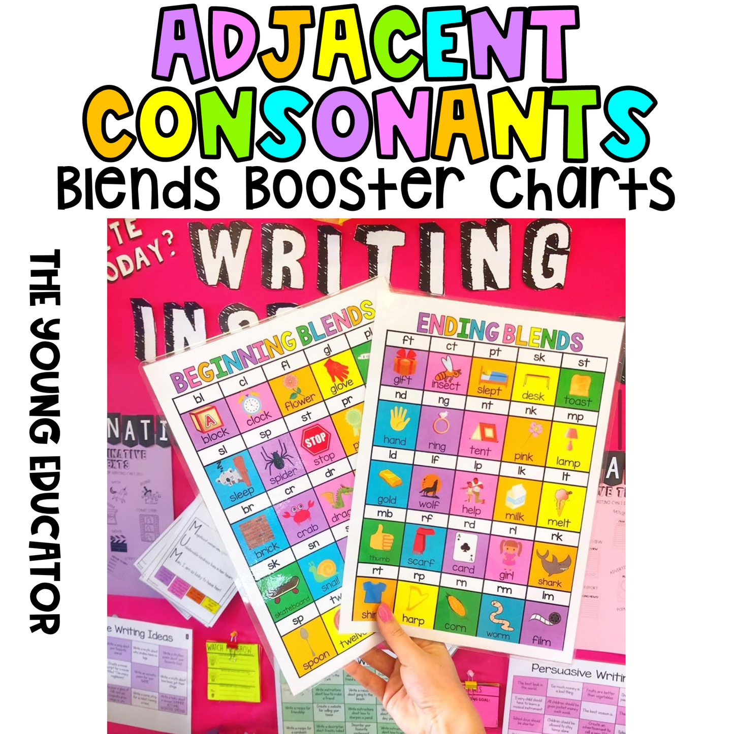 Adjacent consonants teaching resources with blends chart for reading and writing practice.