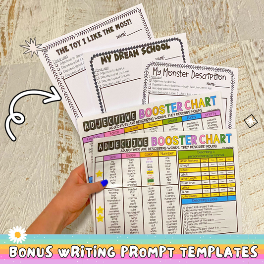 Adjective anchor chart with descriptive writing prompts for students to enhance vocabulary skills.