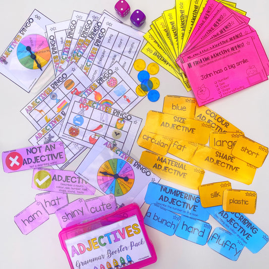 Printable adjectives worksheets for lower grades featuring fun and interactive grammar activities for kids, including sorting and identifying adjectives.