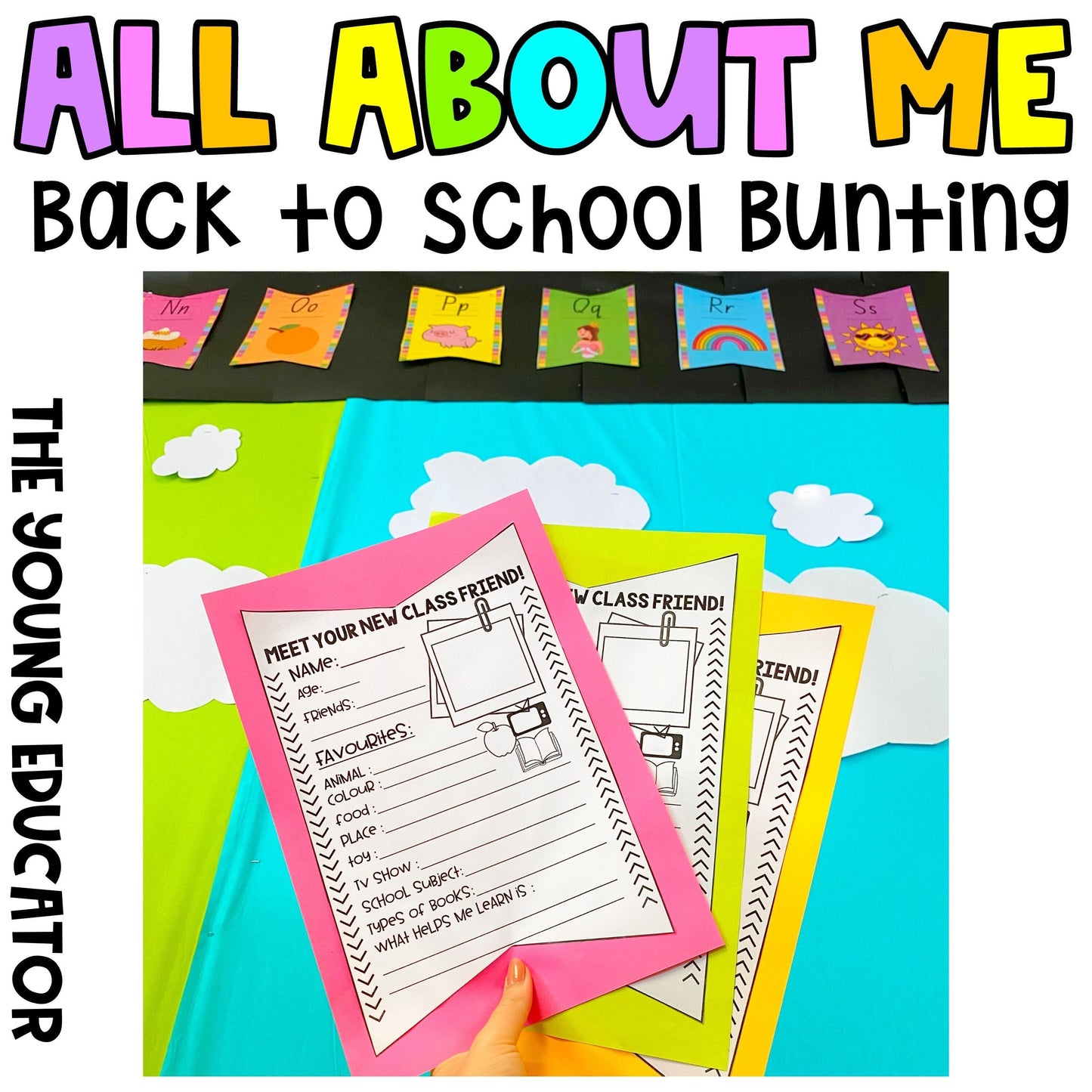 All About Me Back to School Activity with printable bunting for student introductions.