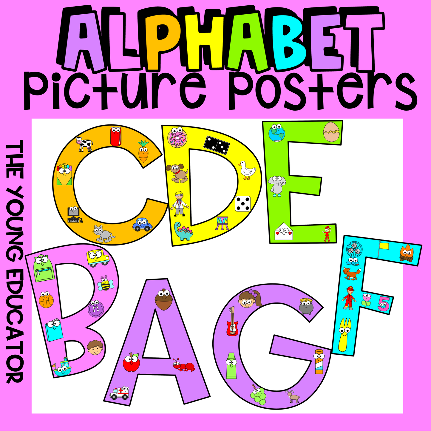 Alphabet picture posters for classroom decor with letters and matching images for early learners.