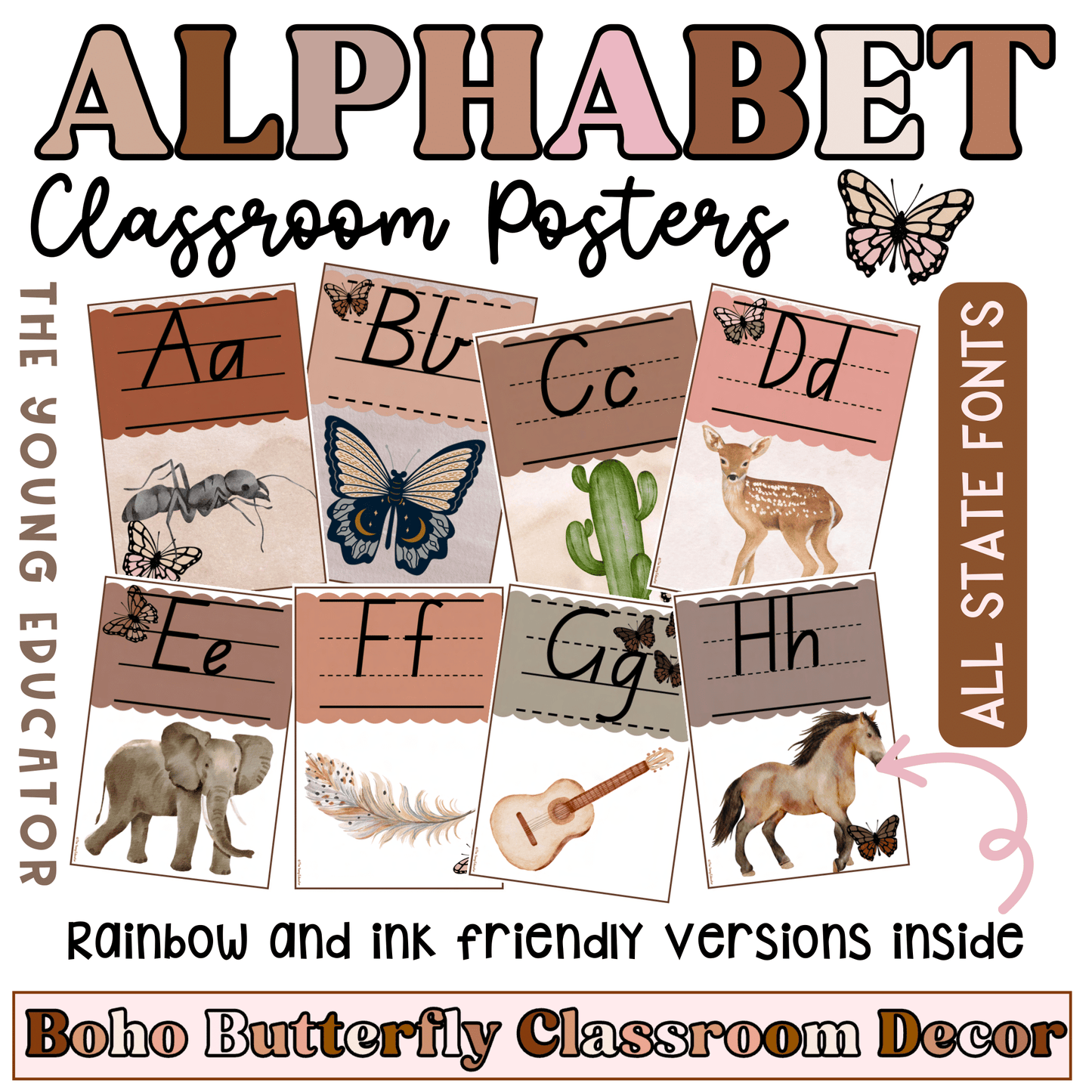 Alphabet Posters with a boho butterfly theme for early literacy learning in the classroom.