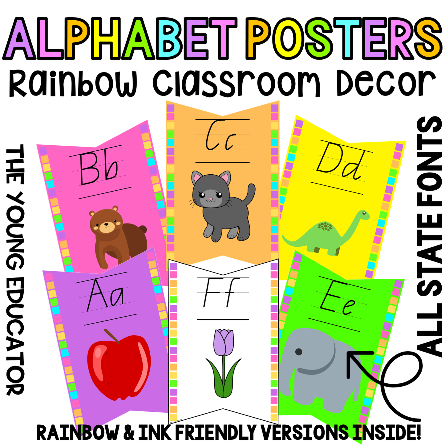 Bright and colorful alphabet posters rainbow for classroom, perfect for letter recognition.