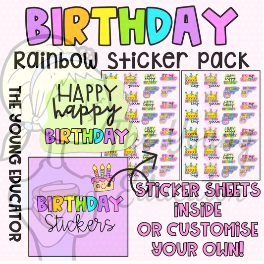 Birthday Stickers for Classroom – colorful, printable Happy Birthday badge stickers for kids and students.