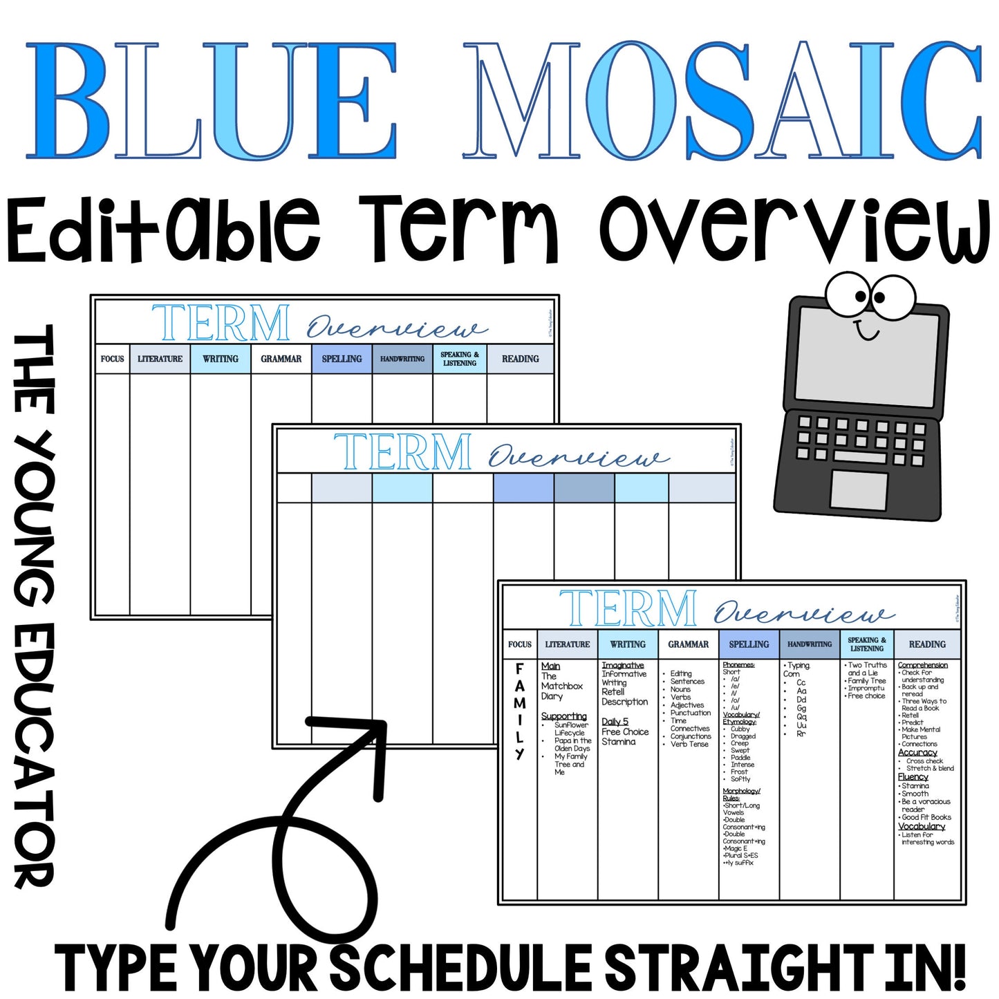 Editable Blue Mosaic Term Overview Template for Teachers – Digital Planner