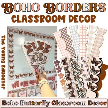 Bulletin Board Borders featuring boho butterfly, gingham, and scallop designs for classroom decor.