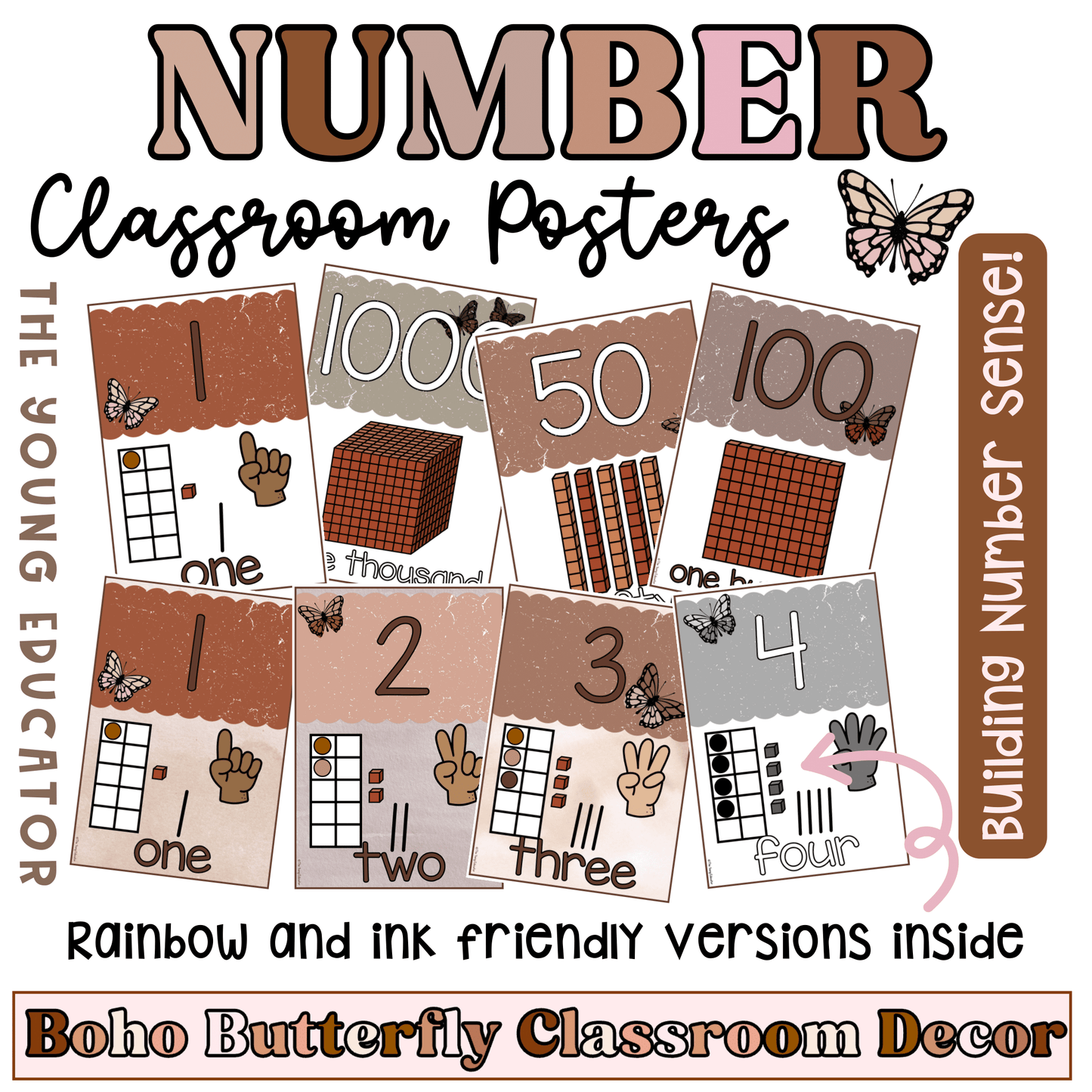 Number Posters | Number Sense Visuals | Boho Butterfly Classroom Decor