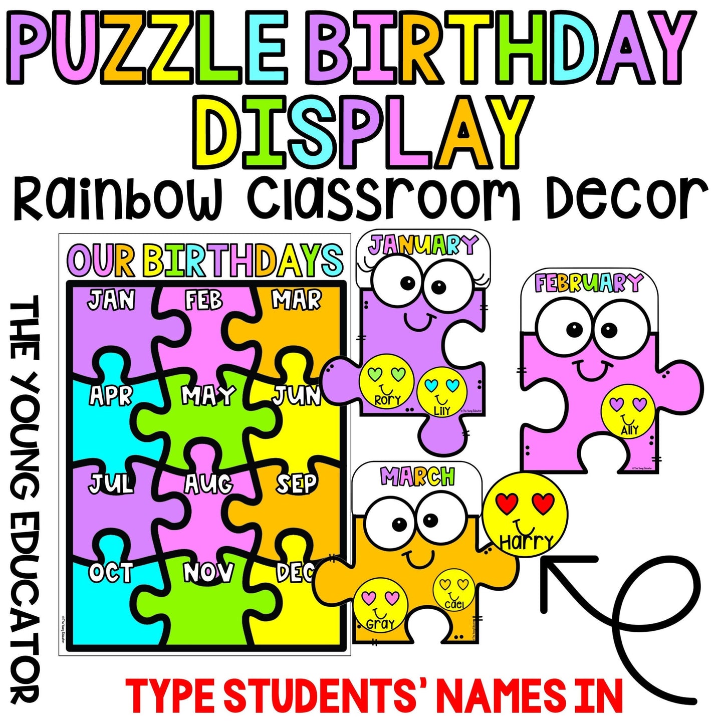 Printable classroom birthday board with a colorful puzzle theme for student celebrations.