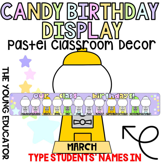 Classroom Birthday Decor with a gumball machine banner and editable student names for a fun celebration setup.