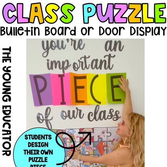 Classroom Community Board with puzzle pieces designed by students to foster belonging.