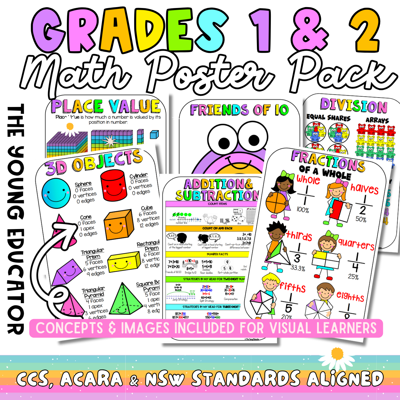 Colorful classroom math posters for Grade 1 and 2 to help students understand key math concepts.