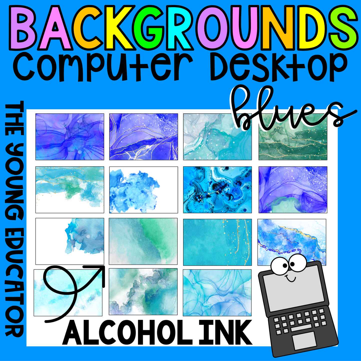 Computer Desktop Backgrounds for Teachers – stylish and calming blues ink wallpaper for educators' laptops and desktops.
