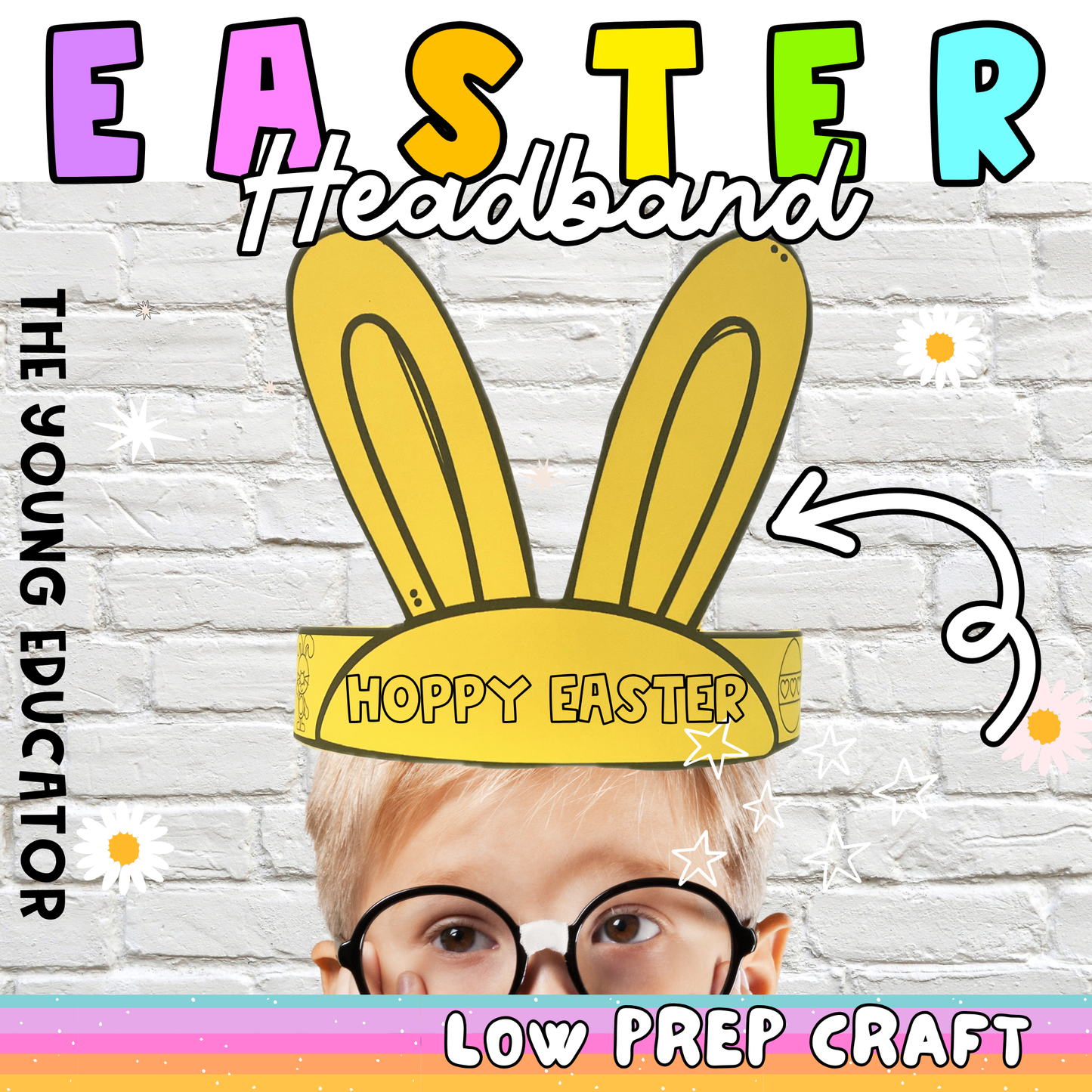 Easter bunny headband craft for kids with printable bunny ears.