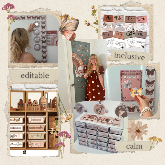 Editable classroom decor pack with Boho Butterfly theme for a neutral and stylish classroom setup.