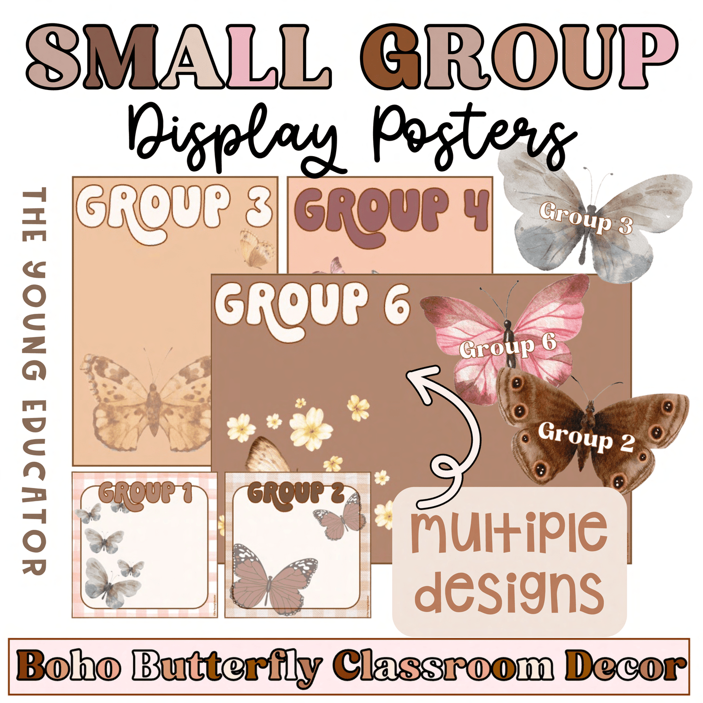 Editable Group Posters for Classroom featuring a modern boho butterfly theme for student group organization.