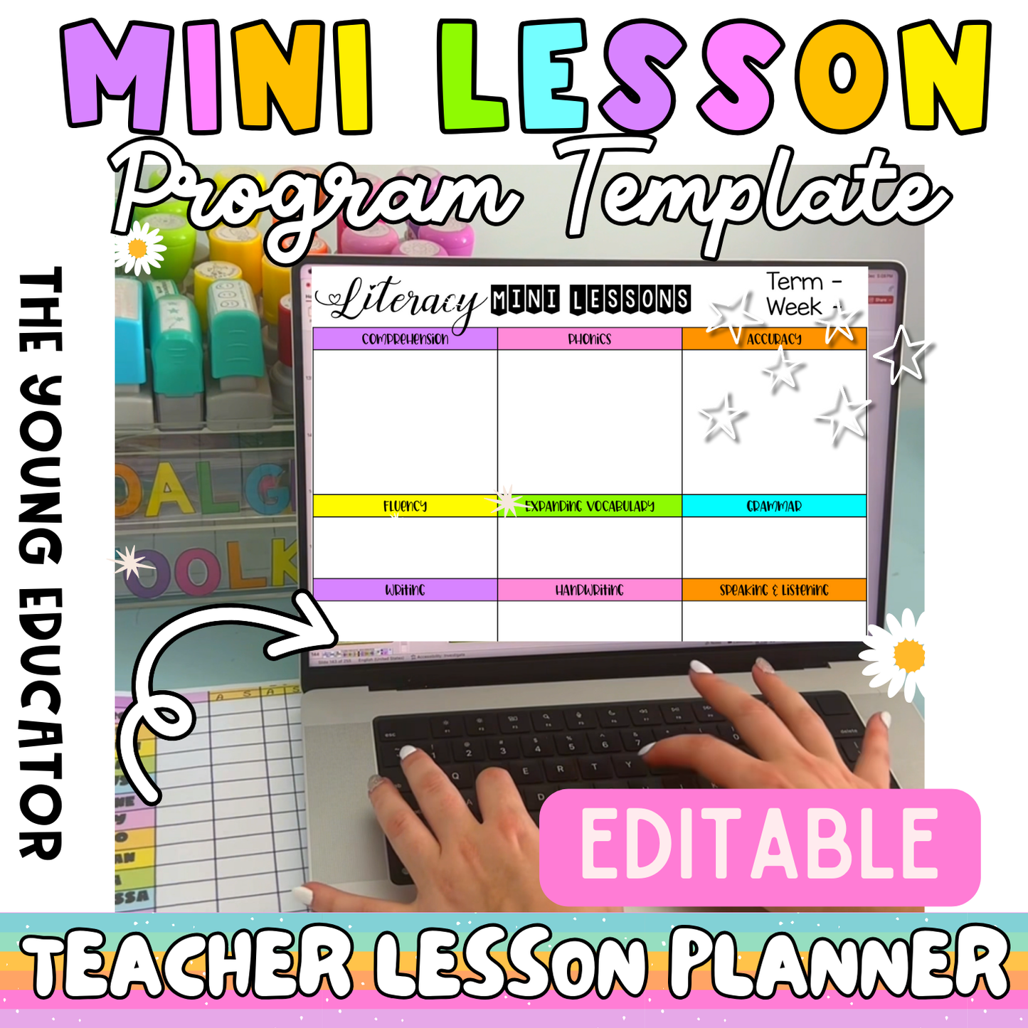 Editable lesson plan template for teachers with daily and weekly customizable sections.