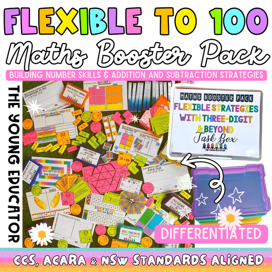 Engaging Flexible to 100 Math Strategies pack with hands-on activities for number sense and problem-solving.