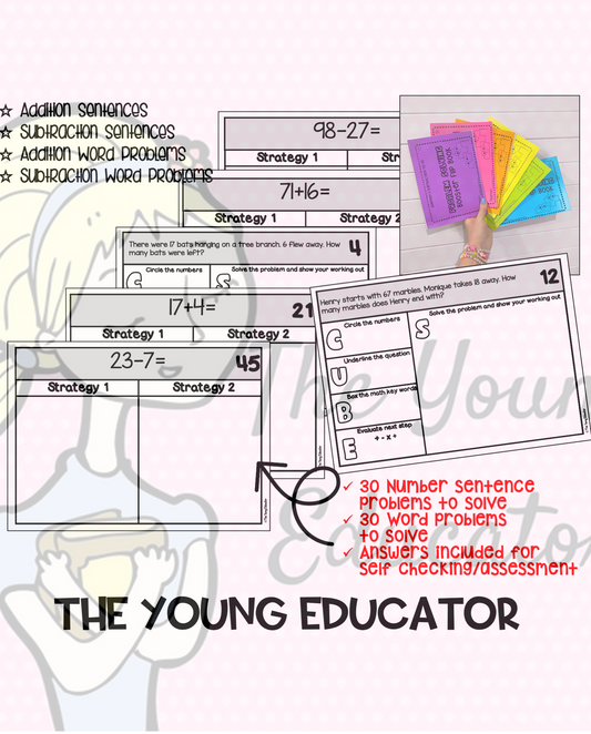 Flip books for children with interactive addition and subtraction problem-solving activities.
