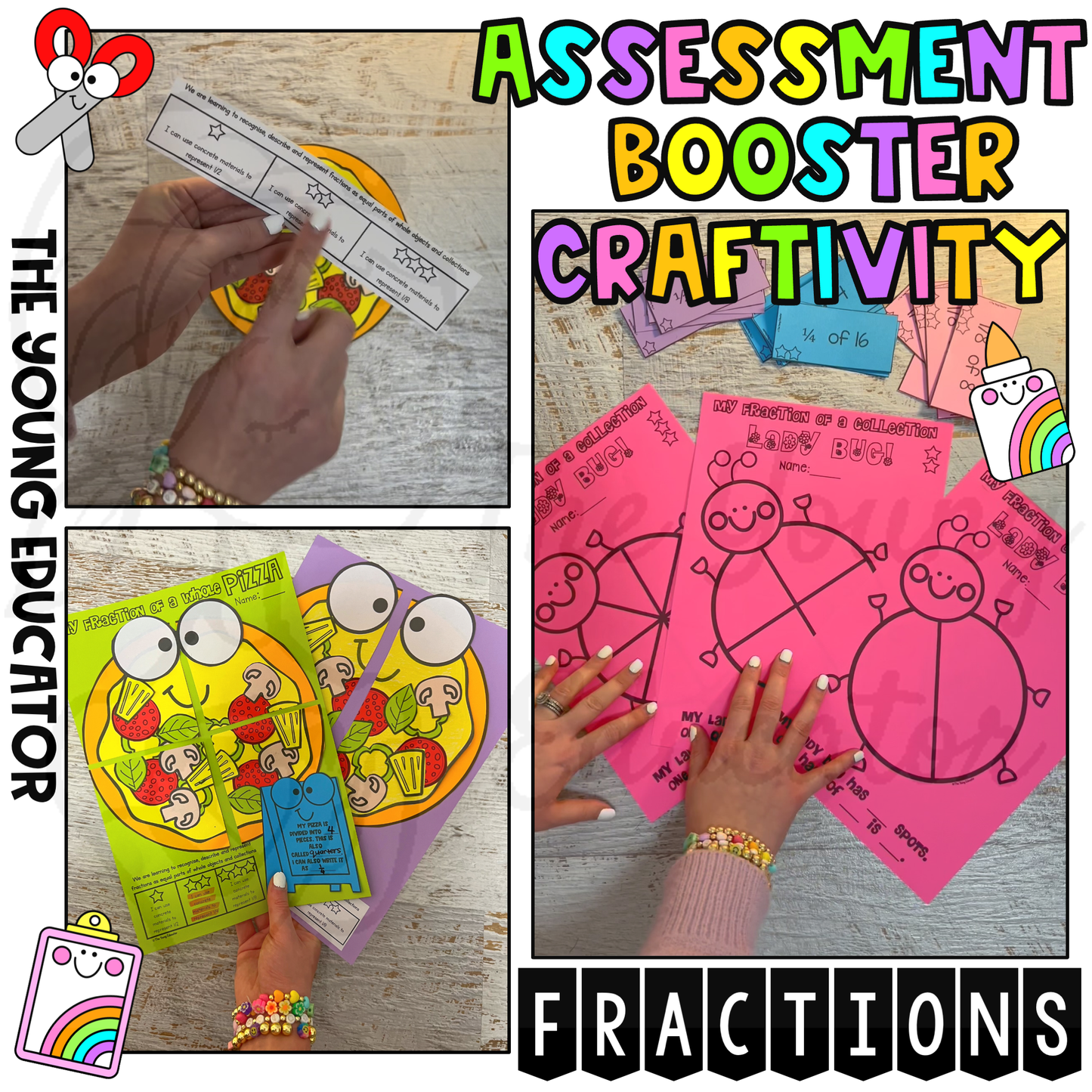 Engaging fractions assessment booster craftivity for kids to explore halves, quarters, and eighths.