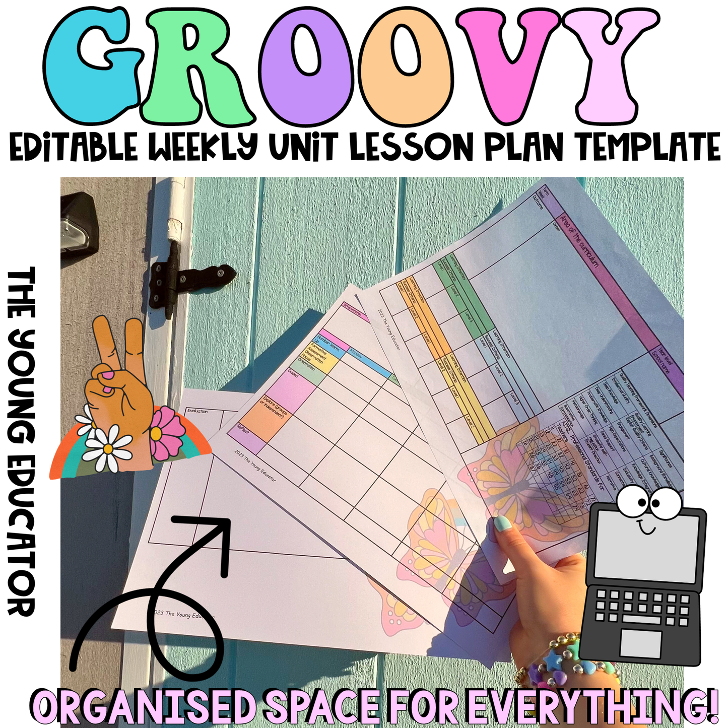Groovy Weekly Lesson Plan Template – Editable lesson planner for teachers with retro classroom decor.