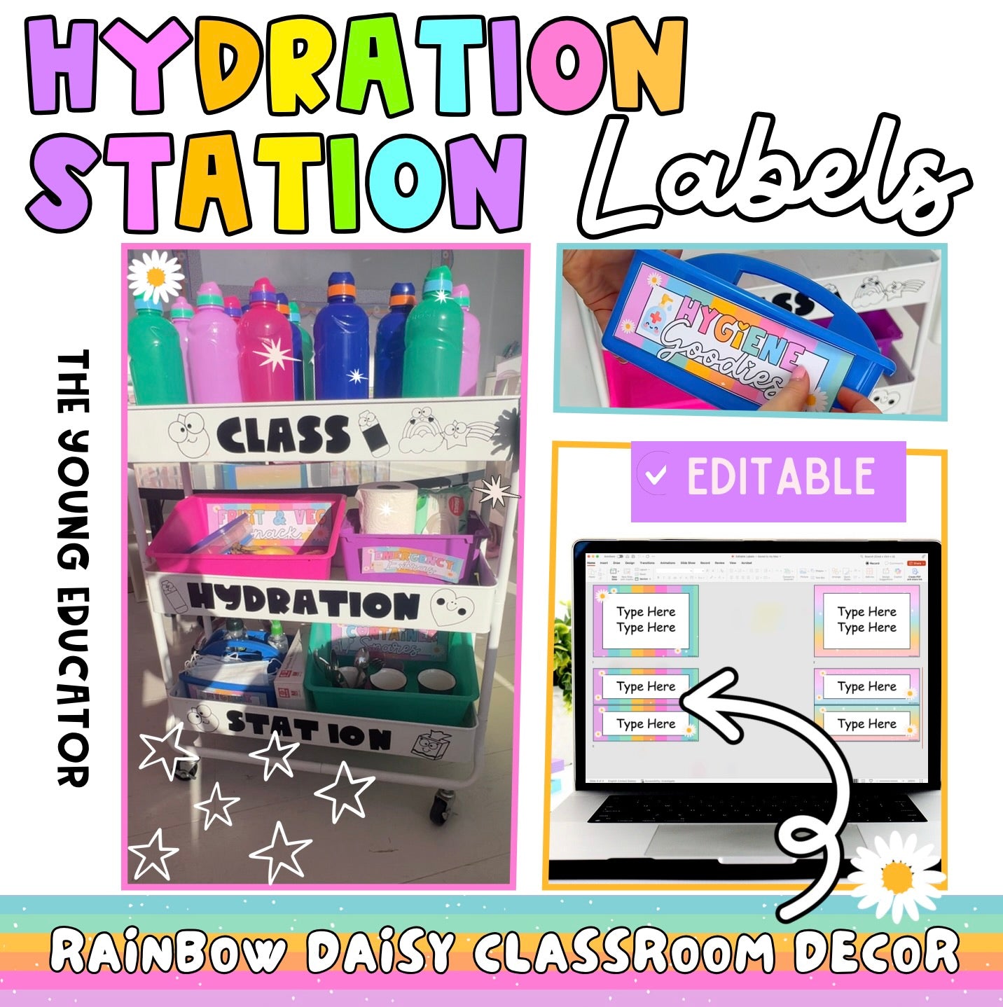 Hydration Station Caddy Label | Teacher Organization | Rainbow Trolley Cart