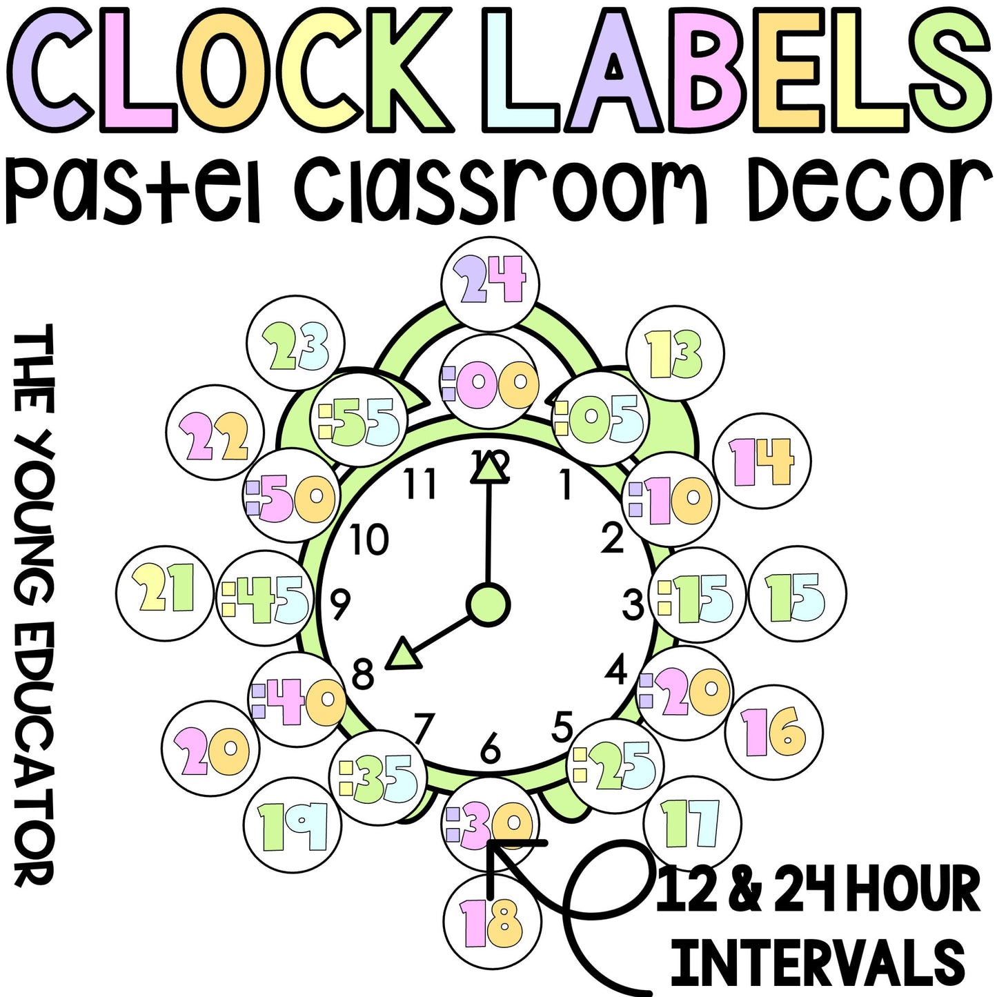 PASTEL RAINBOW CLOCK Intervals *12 and 24 Digital Time*